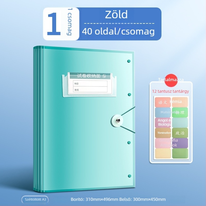 Tesztlapok tároló irattartó átlátszó betétekkel, True Color márka, ZCT-1530D modell, műanyag