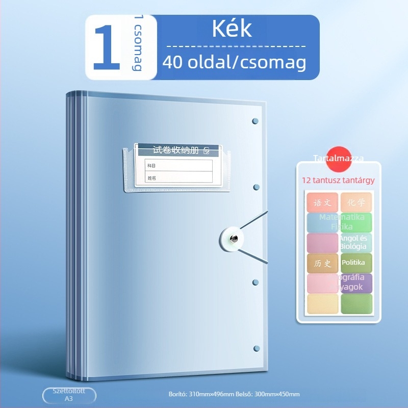 Tesztlapok tároló irattartó átlátszó betétekkel, True Color márka, ZCT-1530D modell, műanyag