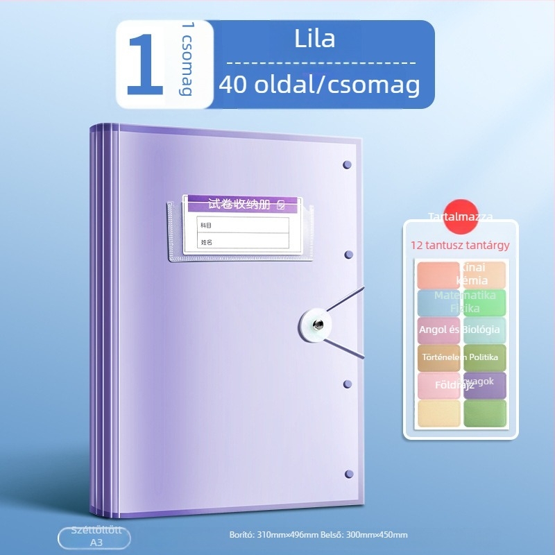 Tesztlapok tároló irattartó átlátszó betétekkel, True Color márka, ZCT-1530D modell, műanyag