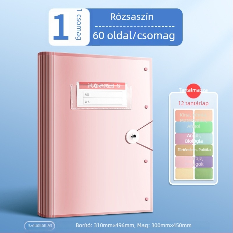 Tesztlapok tároló irattartó átlátszó betétekkel, True Color márka, ZCT-1530D modell, műanyag