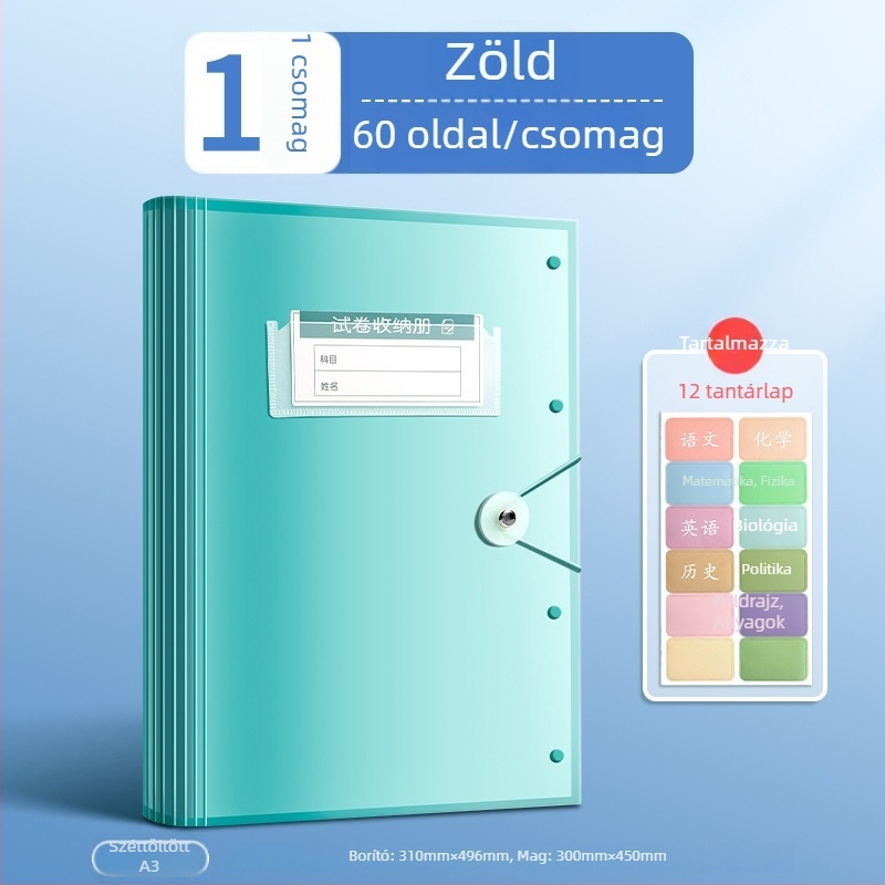 Tesztlapok tároló irattartó átlátszó betétekkel, True Color márka, ZCT-1530D modell, műanyag
