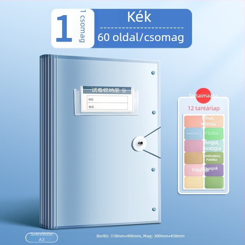 Tesztlapok tároló irattartó átlátszó betétekkel, True Color márka, ZCT-1530D modell, műanyag