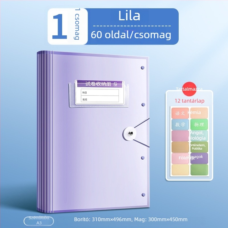 Tesztlapok tároló irattartó átlátszó betétekkel, True Color márka, ZCT-1530D modell, műanyag