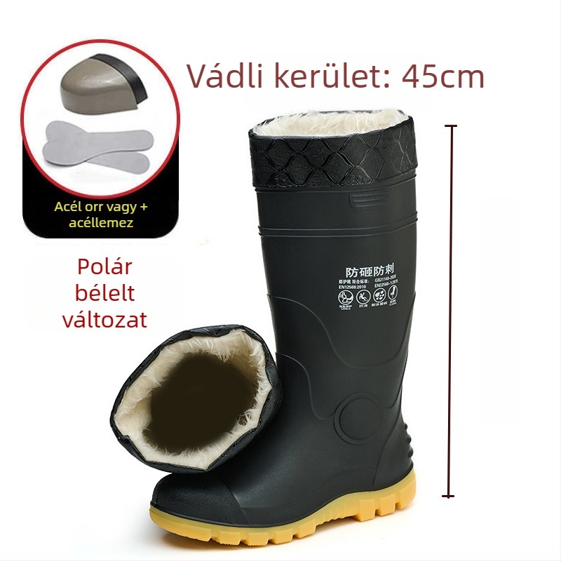 PVC védőcsizma acélos orral, magas cső, pamut bélés, védő lábbeli