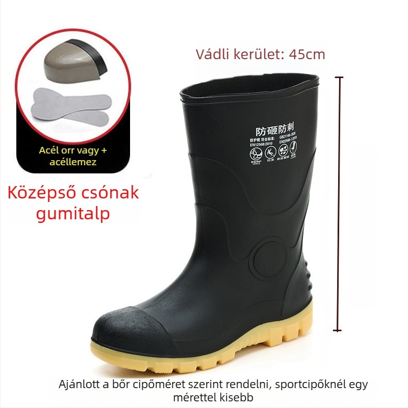 PVC védőcsizma acélos orral, magas cső, pamut bélés, védő lábbeli