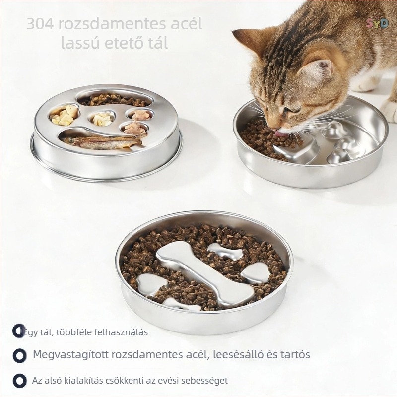 304 rozsdamentes acél lassú etetőtál macskáknak és kutyáknak, vastagított, könnyen tisztítható