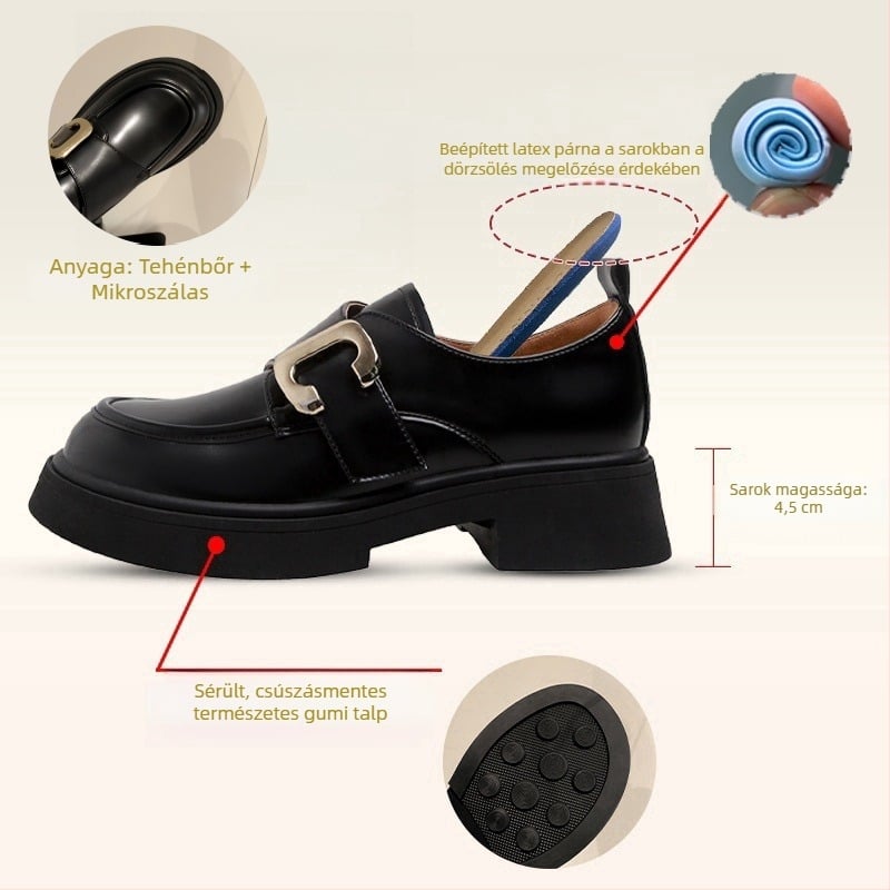 Loafer cipők kerek orrú, tehénbőr felsőrész, brit stílus, középmagas sarka 3-5 cm, gumírozott talp