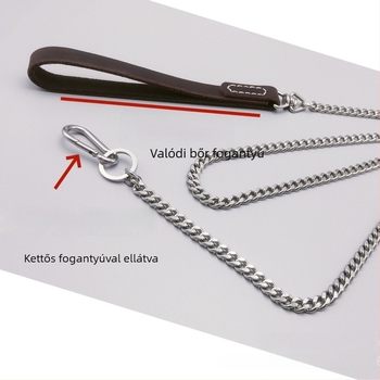 Kutyás láncos póráz, 304 rozsdamentes acél és valódi bőr, harapás elleni edzés, IP engedély, vontató póráz