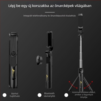 XT09 Rozsdamentes acélból készült selfie bot és tripod, Bluetooth, távirányítóval, univerzális telefonhoz, vízszintes és függőleges használathoz
