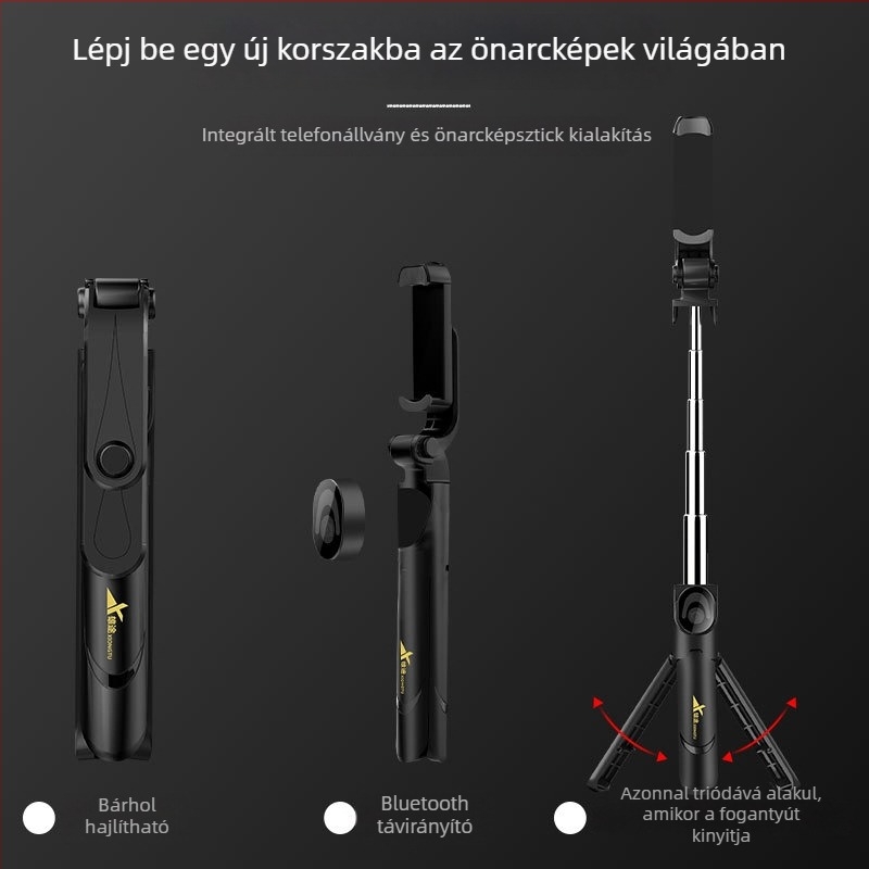 XT09 Rozsdamentes acélból készült selfie bot és tripod, Bluetooth, távirányítóval, univerzális telefonhoz, vízszintes és függőleges használathoz