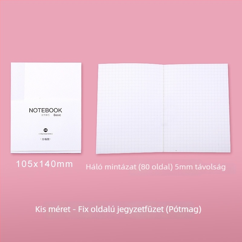 Műbőr borítású jegyzetfüzet, drótos kötésű, belső papír: fa‑pulpa, 100 g/m², 100–200 oldal, rácsos oldalak