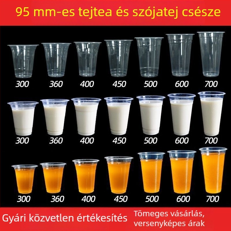 Tejes teás pohár fedővel, egyszer használatos, átlátszó műanyag italos pohár, 501–600 ml