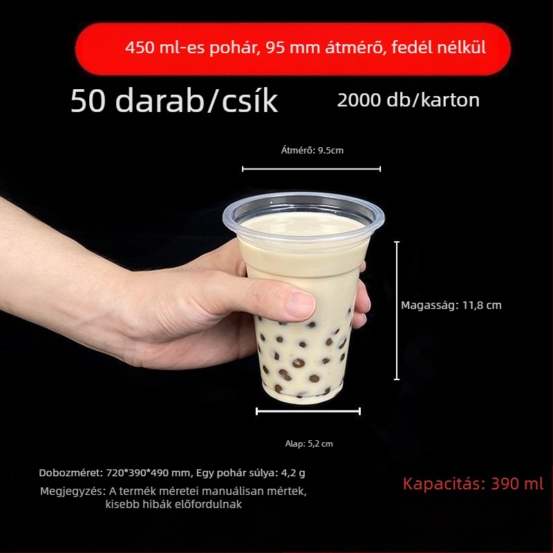 Tejes teás pohár fedővel, egyszer használatos, átlátszó műanyag italos pohár, 501–600 ml
