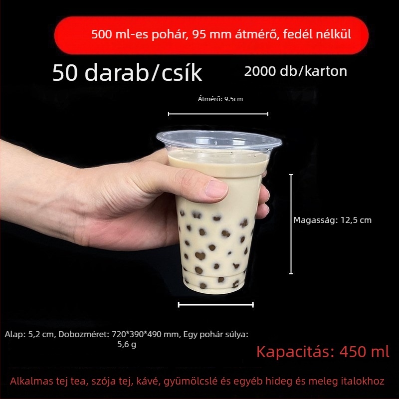 Tejes teás pohár fedővel, egyszer használatos, átlátszó műanyag italos pohár, 501–600 ml