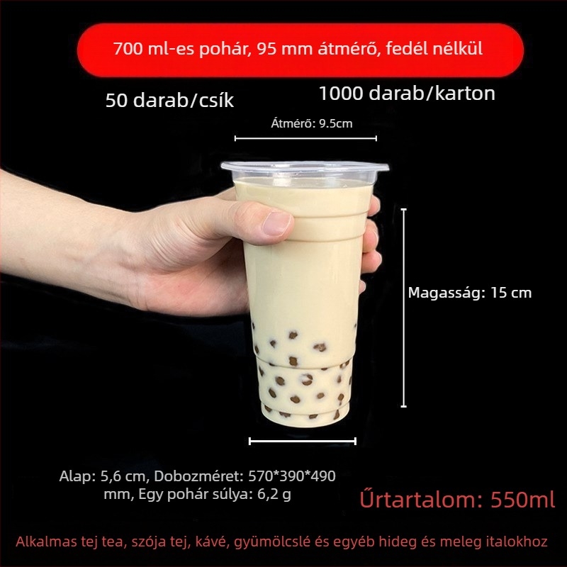 Tejes teás pohár fedővel, egyszer használatos, átlátszó műanyag italos pohár, 501–600 ml