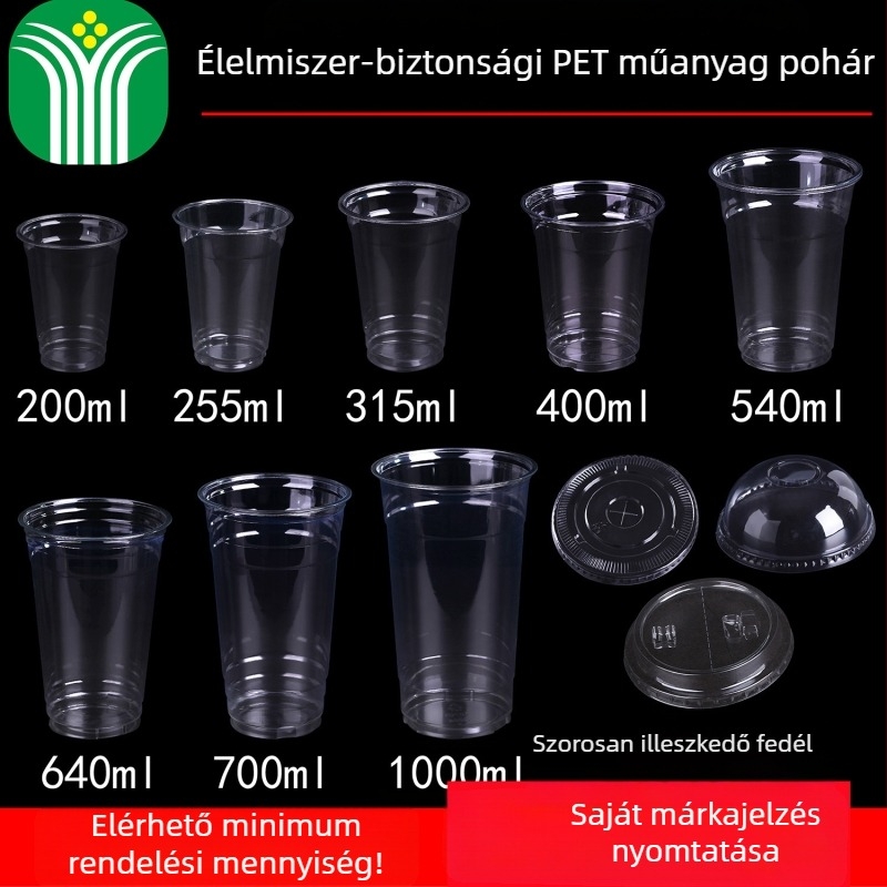 Egyszer használatos PET pohár, testre szabható flexográfiai nyomtatással, fedéllel, logónyomtatási lehetőség, alkalmas zselé, joghurt, tej-tea és hideg italok csomagolására