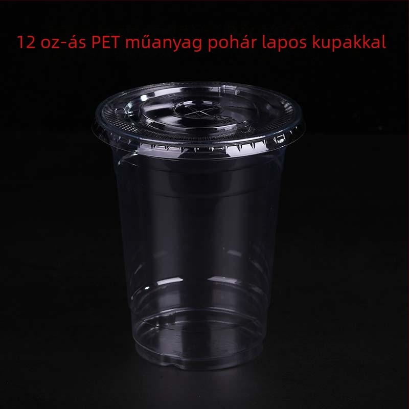 Egyszer használatos PET pohár, testre szabható flexográfiai nyomtatással, fedéllel, logónyomtatási lehetőség, alkalmas zselé, joghurt, tej-tea és hideg italok csomagolására