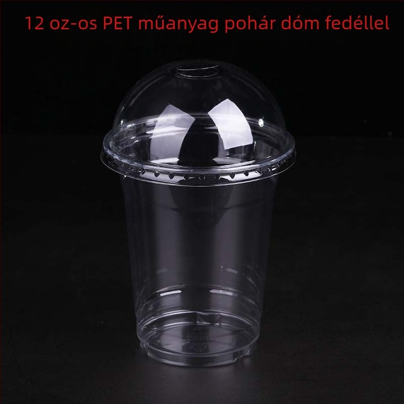 Egyszer használatos PET pohár, testre szabható flexográfiai nyomtatással, fedéllel, logónyomtatási lehetőség, alkalmas zselé, joghurt, tej-tea és hideg italok csomagolására