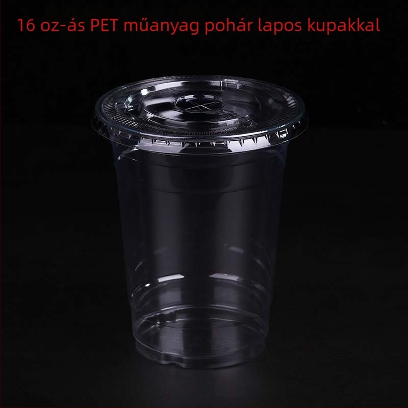 Egyszer használatos PET pohár, testre szabható flexográfiai nyomtatással, fedéllel, logónyomtatási lehetőség, alkalmas zselé, joghurt, tej-tea és hideg italok csomagolására