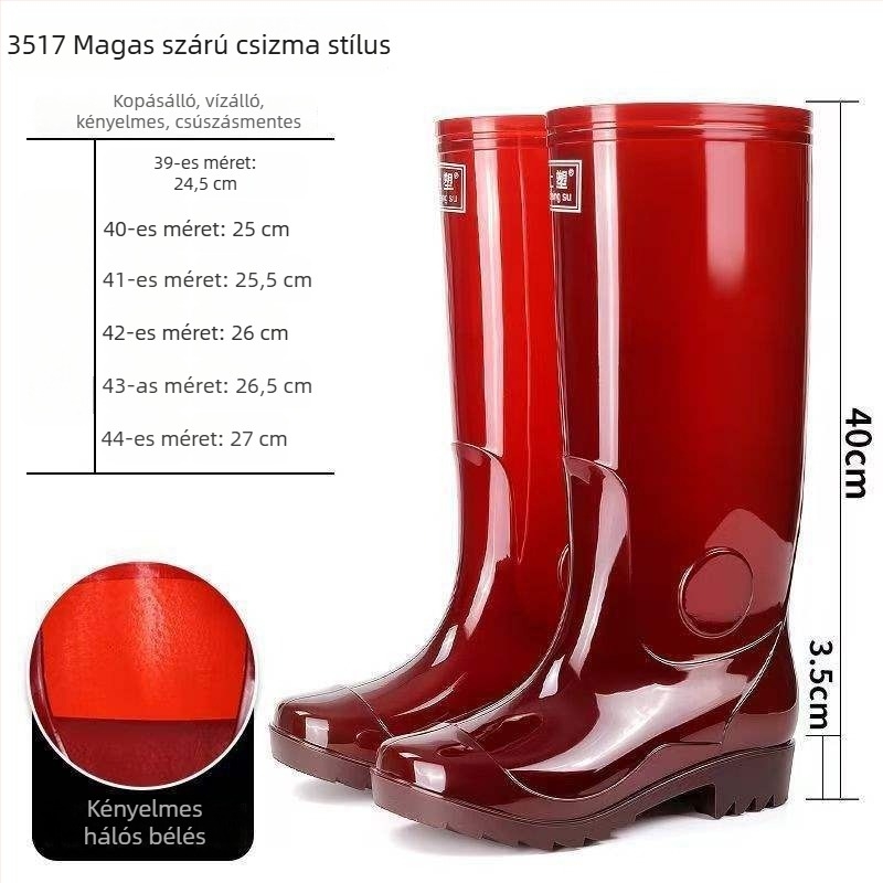 PVC esőcsizma, magas cső, csúszásmentes, kopásálló, pamut bélés