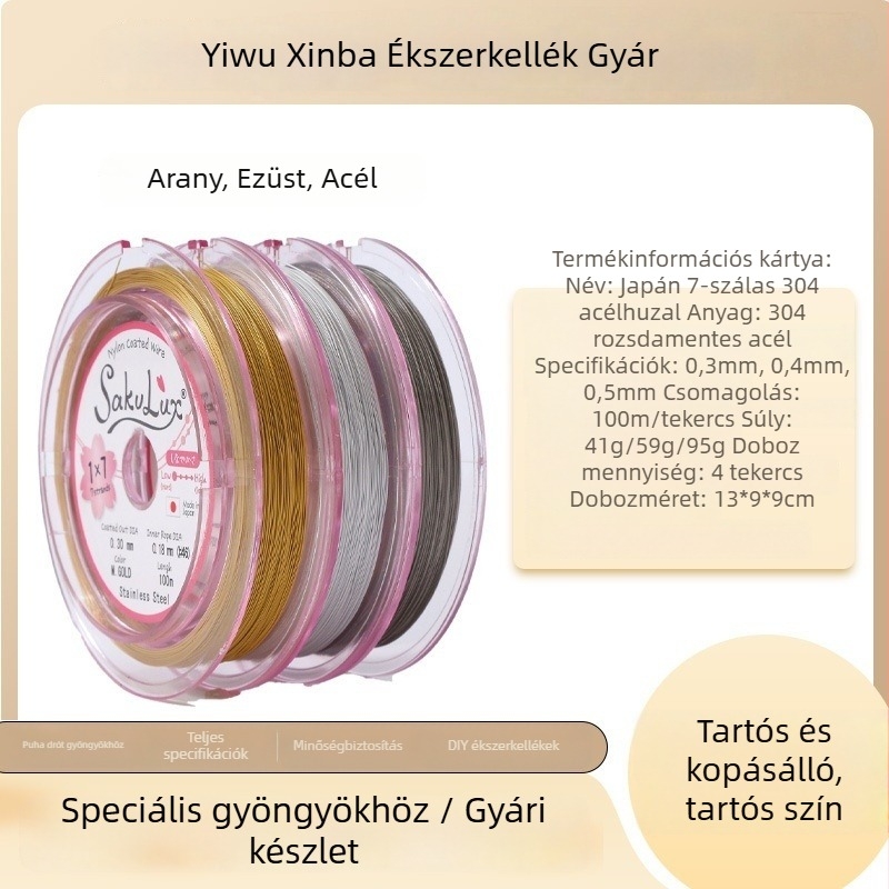 7-szálú rozsdamentes acél gyöngyfűző huzal, 100 m, 304 aranyozott puha huzal ékszerkészítéshez