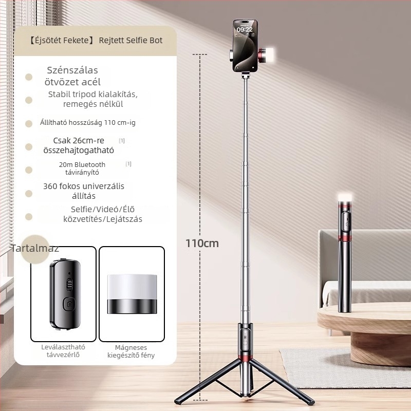 Szelfi bot beépített padlón álló állvánnyal és világítással — Márka Crenov/Kerunle; Bluetooth; távirányító; testreszabás