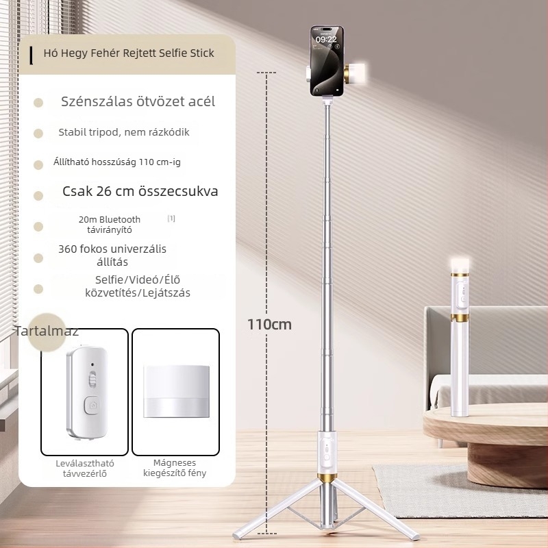 Szelfi bot beépített padlón álló állvánnyal és világítással — Márka Crenov/Kerunle; Bluetooth; távirányító; testreszabás