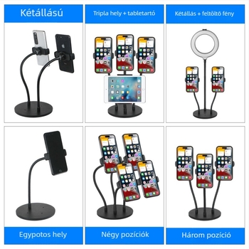 Asztali állvány több telefonos élő közvetítéshez, anti-vibrációs, ötvözetből készült, általános, kültéri, selfie és élő közvetítéshez