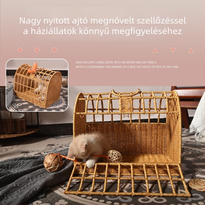 Szállítható macska szállító táska és kutyakkennel műanyag rattanból, zárt, egész éves használatra