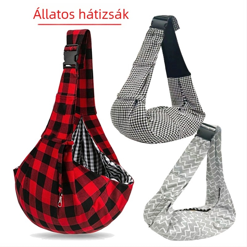 Kisállat-messenger táska - Kétoldalas, pamut és len anyagból, kockás mintázat, puha, kapacitás 7,5 kg-ig