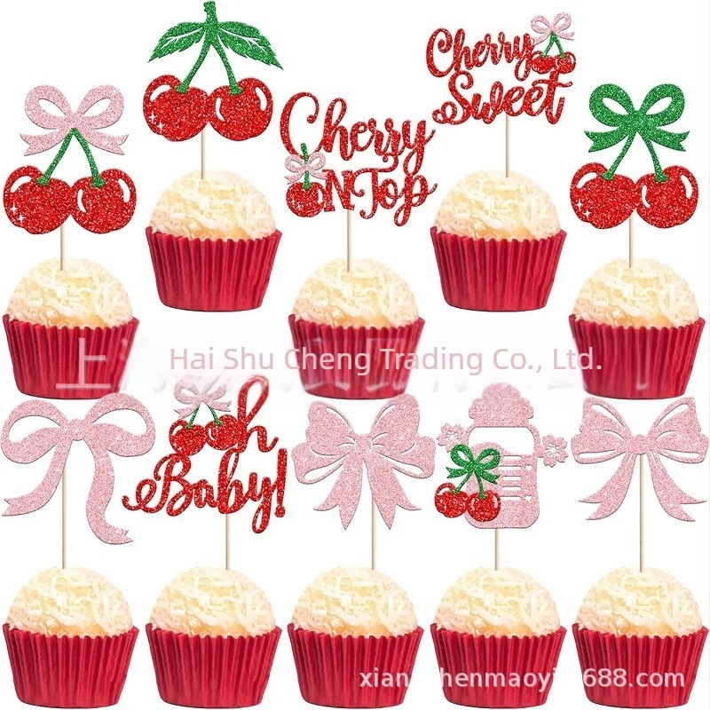 Sütemtorta dekorációk – Kétoldalas csillogó cseresznyék, 30 db, papírból készült pohárbetétek az 1. születésnapra