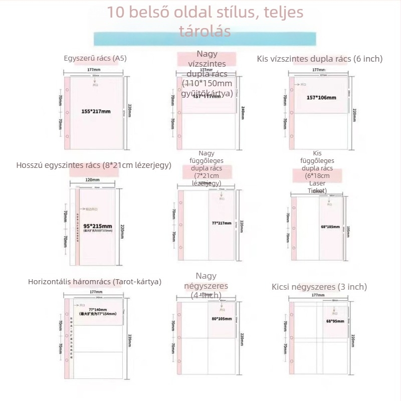 Nagy belső oldalú kártyaalbum — PP belső oldalak, 10 oldal, három- vagy hatszögű lyukakkal