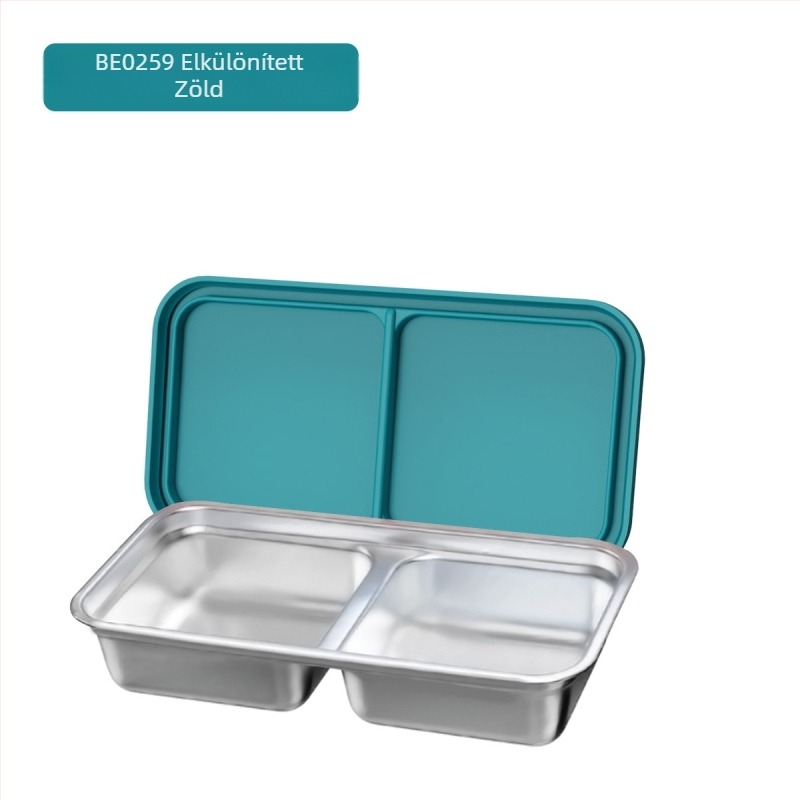 304 rozsdamentes acél ebédes doboz dupla rácsos elválasztóval, téglalap alakú, kapacitás 301–500 ml, egymásra helyezhető
