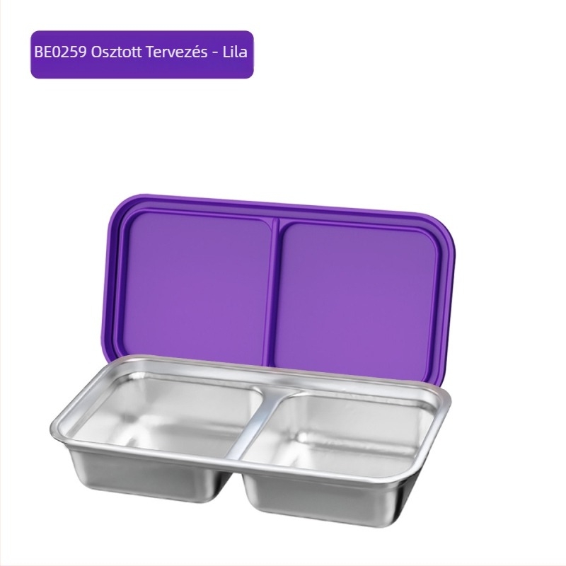 304 rozsdamentes acél ebédes doboz dupla rácsos elválasztóval, téglalap alakú, kapacitás 301–500 ml, egymásra helyezhető