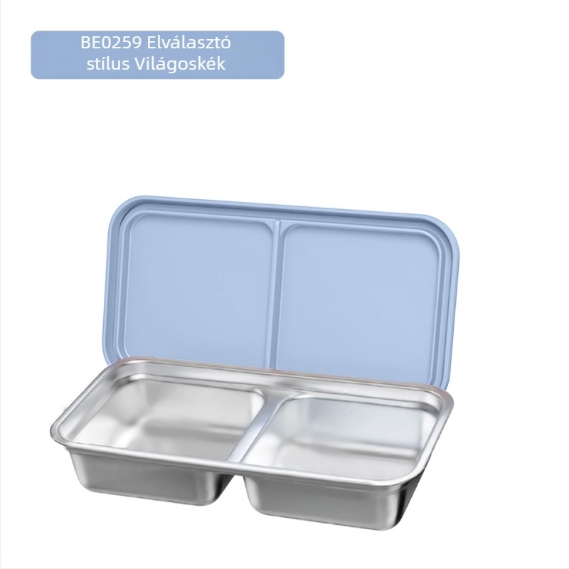 304 rozsdamentes acél ebédes doboz dupla rácsos elválasztóval, téglalap alakú, kapacitás 301–500 ml, egymásra helyezhető