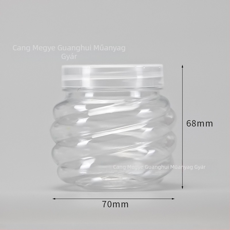 PET műanyag széles szájú tárolóüveg spirálcsavaros fedővel, átlátszó, háztartási célra, több forma