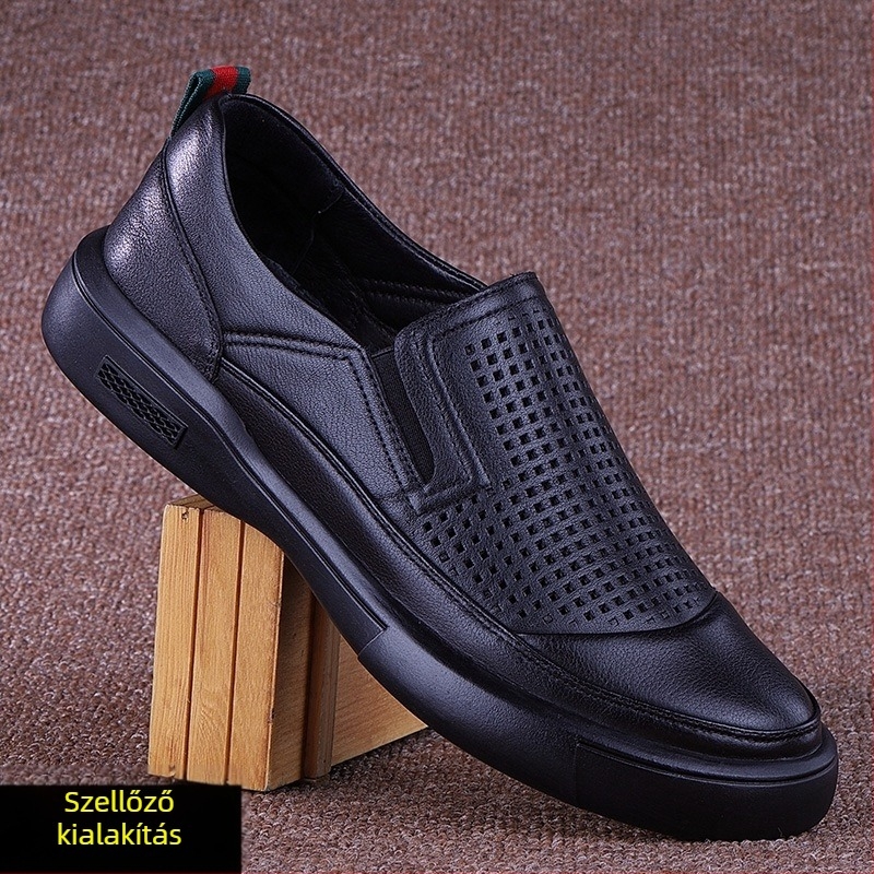 Férfi mindennapi bőrből készült cipő - első réteg tehénbőr felsőrész, kerek orr, gumitalp, alacsony sarkú 1–3 cm, slip-on stílus
