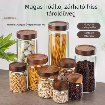 Üvegből készült tároló akácfa tetővel, hermetikusan záródó, nedvességálló, konyhai tároláshoz – gabonára és szárított gyümölcsökre