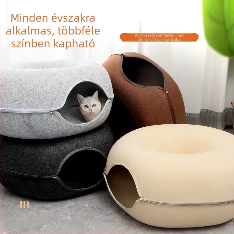Macska odú alagúttal – kényelmes, donut alakú filcfészek, lélegző, egész éves használatra, levehető és mosható.