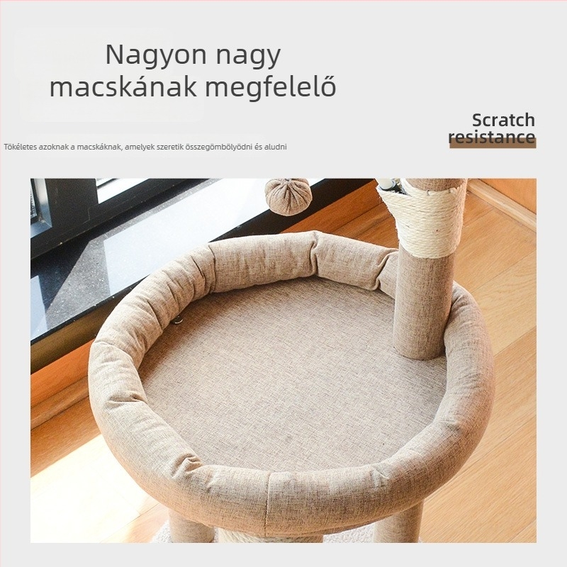 Fából készült macskafa beépített fészekkel, sisál karcolóoszloppal és macskás ággyal