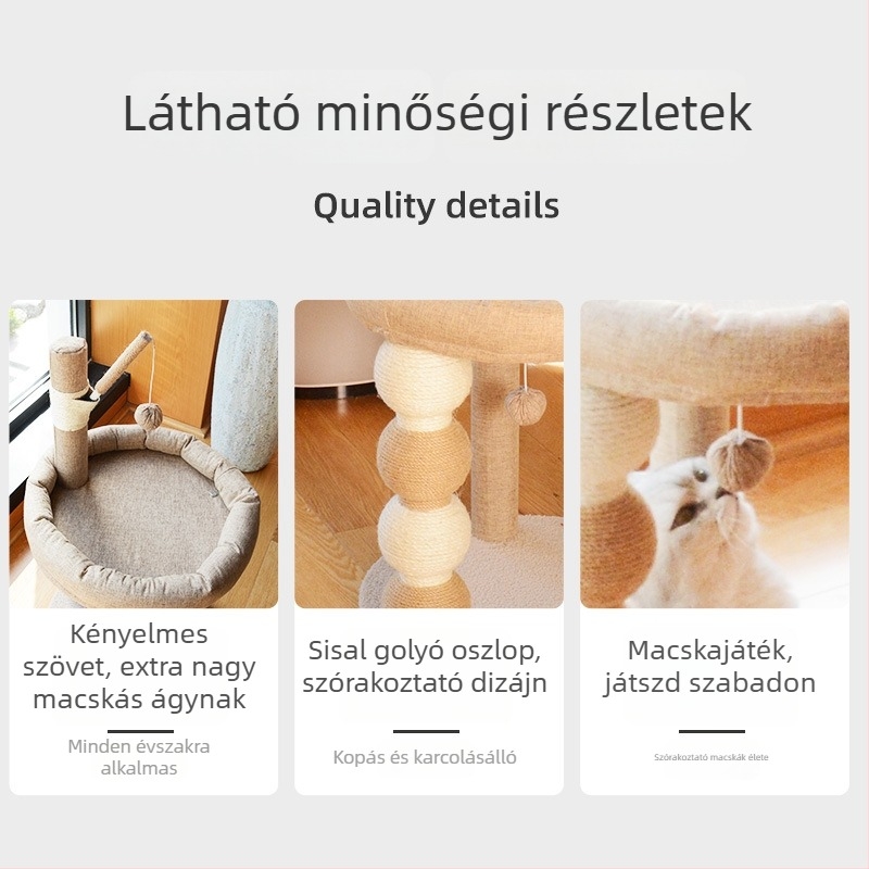 Fából készült macskafa beépített fészekkel, sisál karcolóoszloppal és macskás ággyal