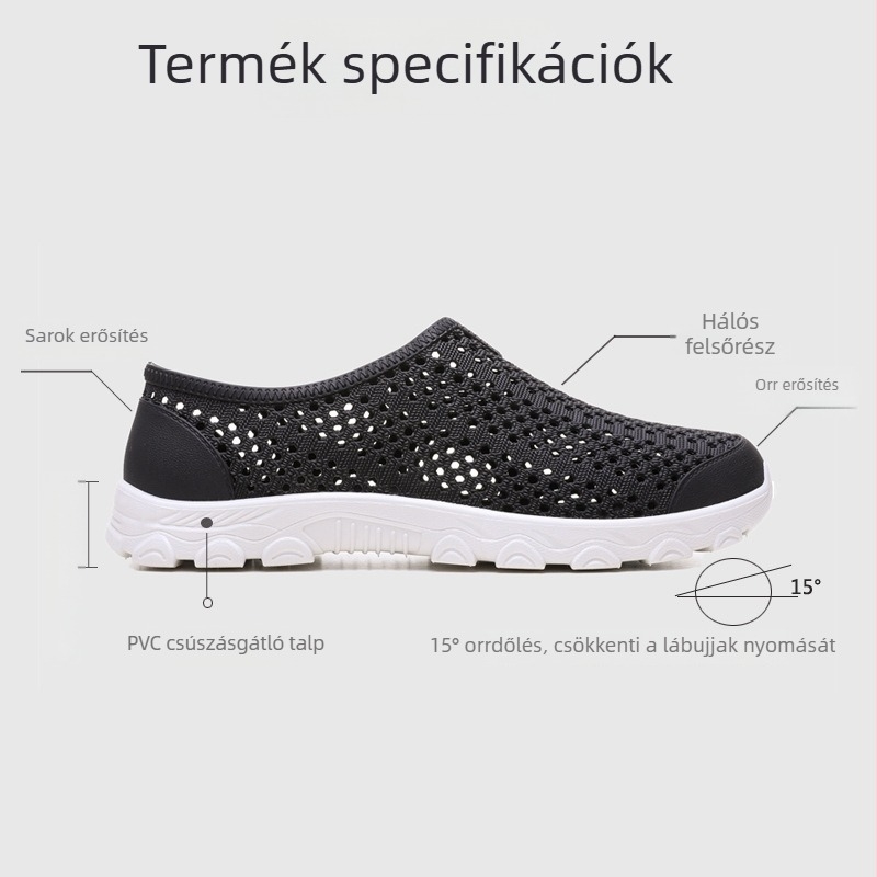 Férfi nyári hálószálas szandálok műanyag felsőrésszel, vastag talppal, légáteresztőek és csúszásmentesek, kerek orral.
