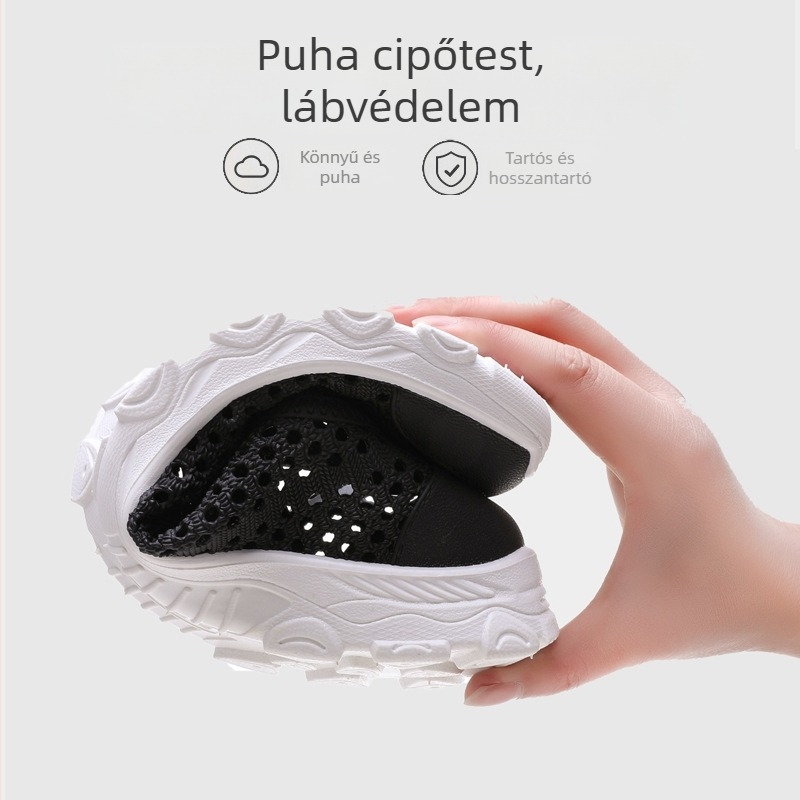 Férfi nyári hálószálas szandálok műanyag felsőrésszel, vastag talppal, légáteresztőek és csúszásmentesek, kerek orral.