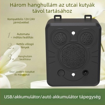 Autóba szerelt ultrahangos állatriasztó, ABS burkolat, univerzális kompatibilitás, engedélyezett magánmárka.