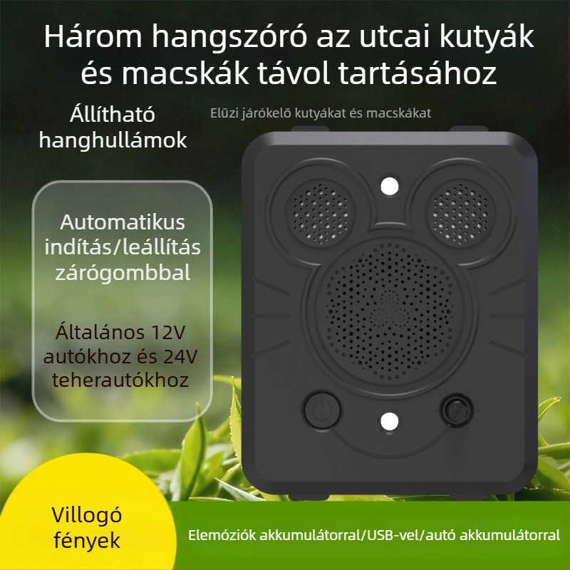 Autóba szerelt ultrahangos állatriasztó, ABS burkolat, univerzális kompatibilitás, engedélyezett magánmárka.