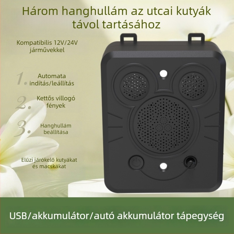 Autóba szerelt ultrahangos állatriasztó, ABS burkolat, univerzális kompatibilitás, engedélyezett magánmárka.