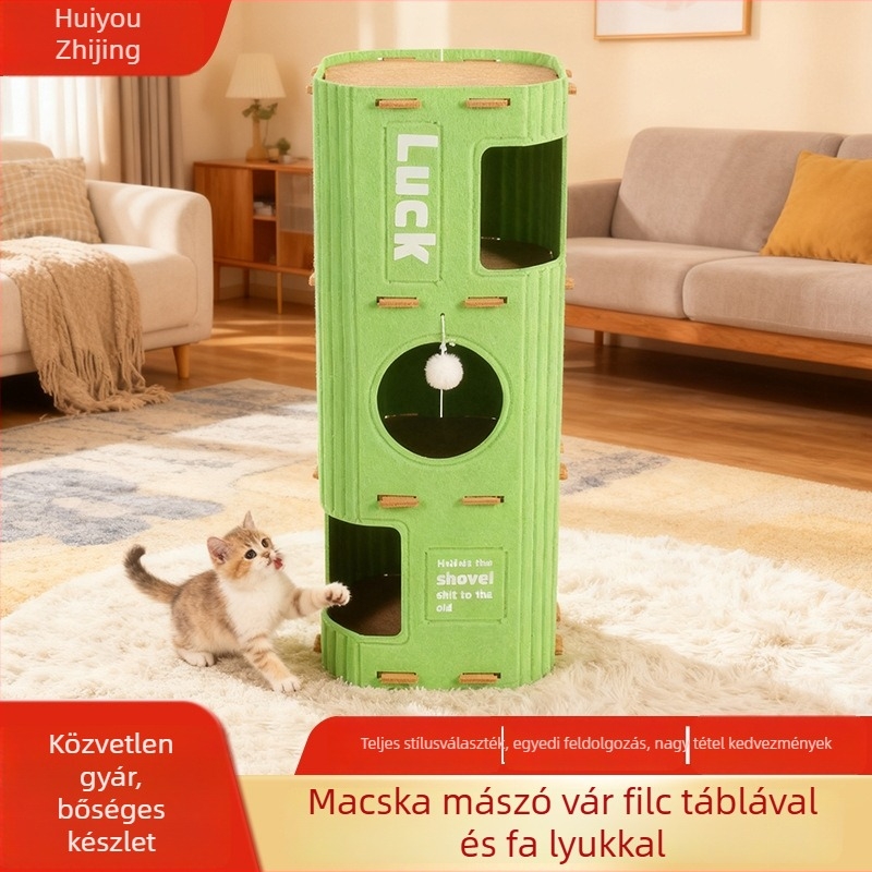 Többszintes macskavilla filcből, alagút-szerű részekkel, karmoló deszka, félig zárt odú és mászókeret