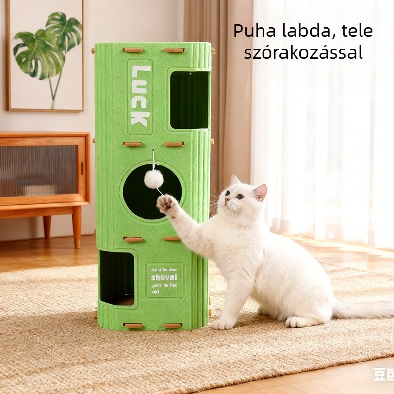 Többszintes macskavilla filcből, alagút-szerű részekkel, karmoló deszka, félig zárt odú és mászókeret