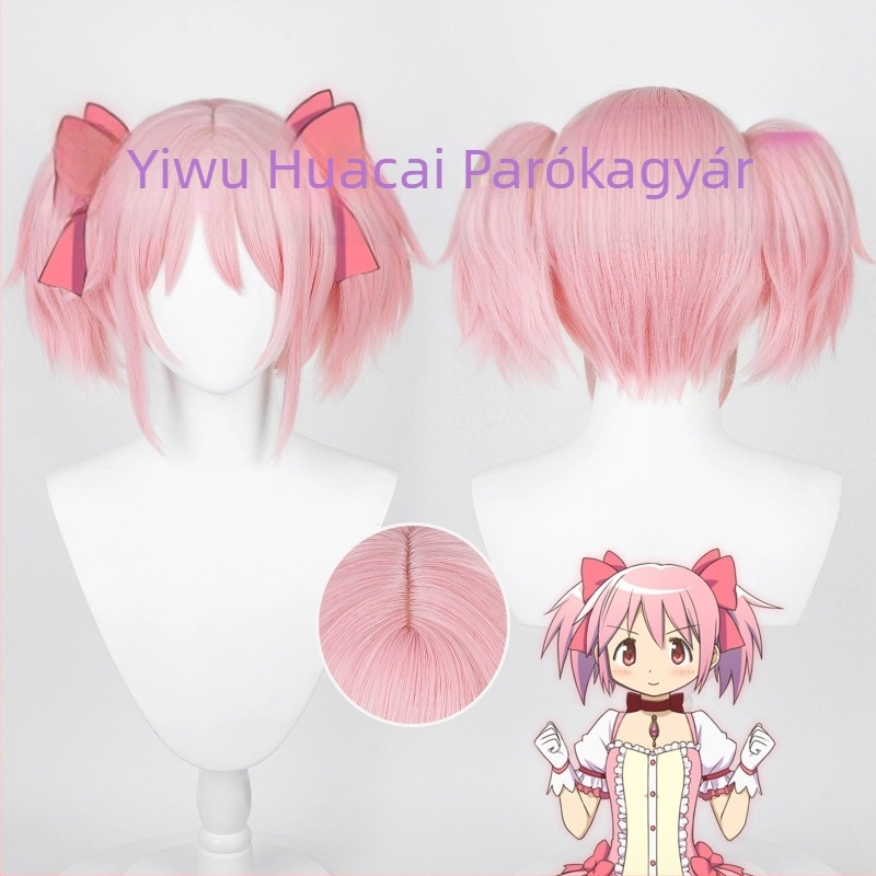 COS paróka Madoka Magica anime karakterhez, középhosszú, hőálló szálból, festhető és göndöríthető