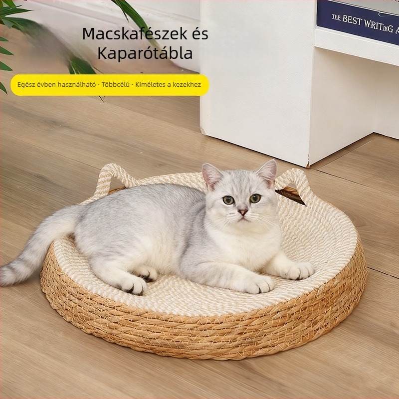 Kétfunkciós macska kaparó deszka és fészek – Nagy méretű fonott rattan macskafészek, kopás- és karcolásálló, egész éves használatra